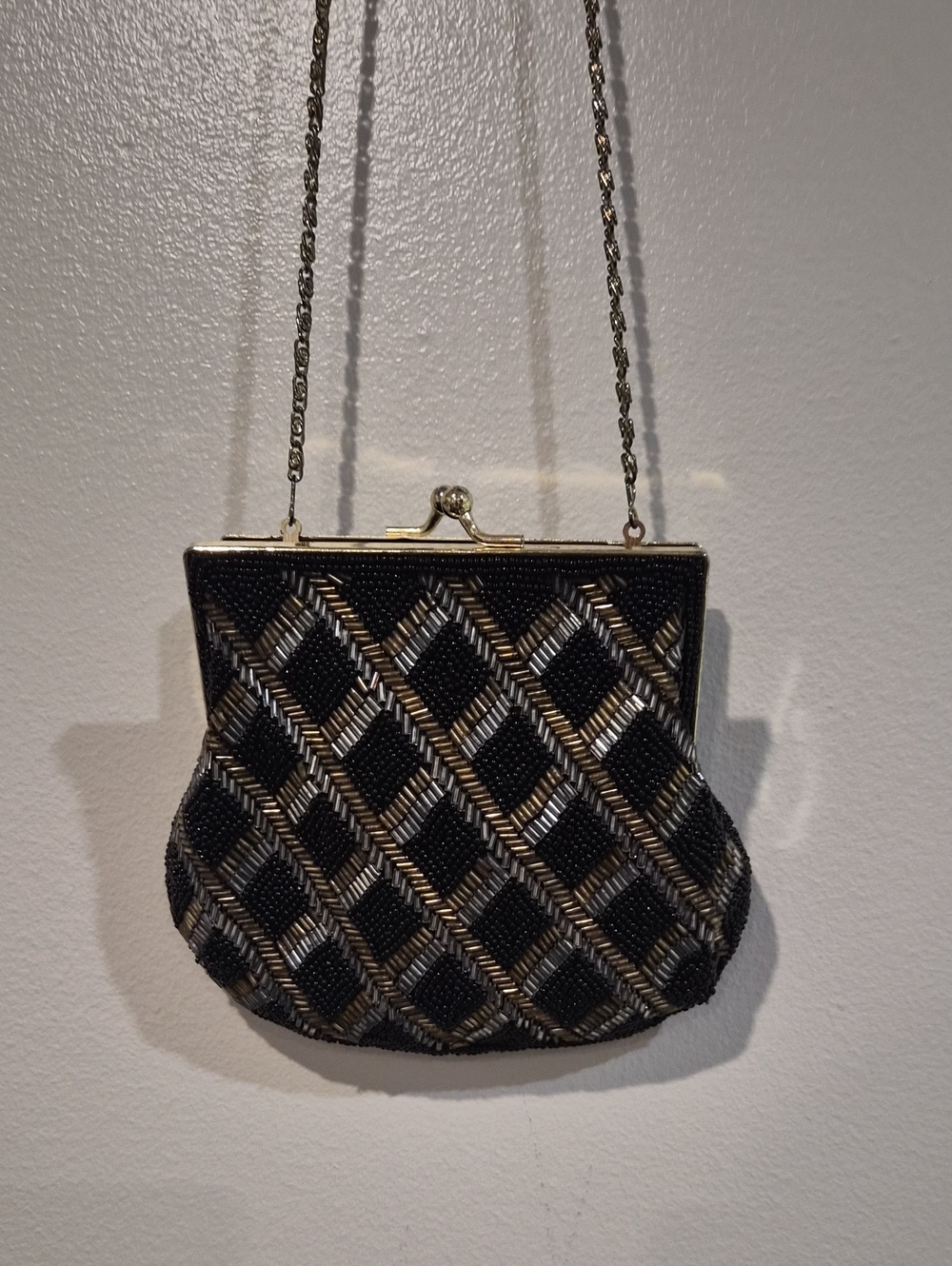 La Regale Beaded Clutch Black Gold Silver Diamond Chain Strap